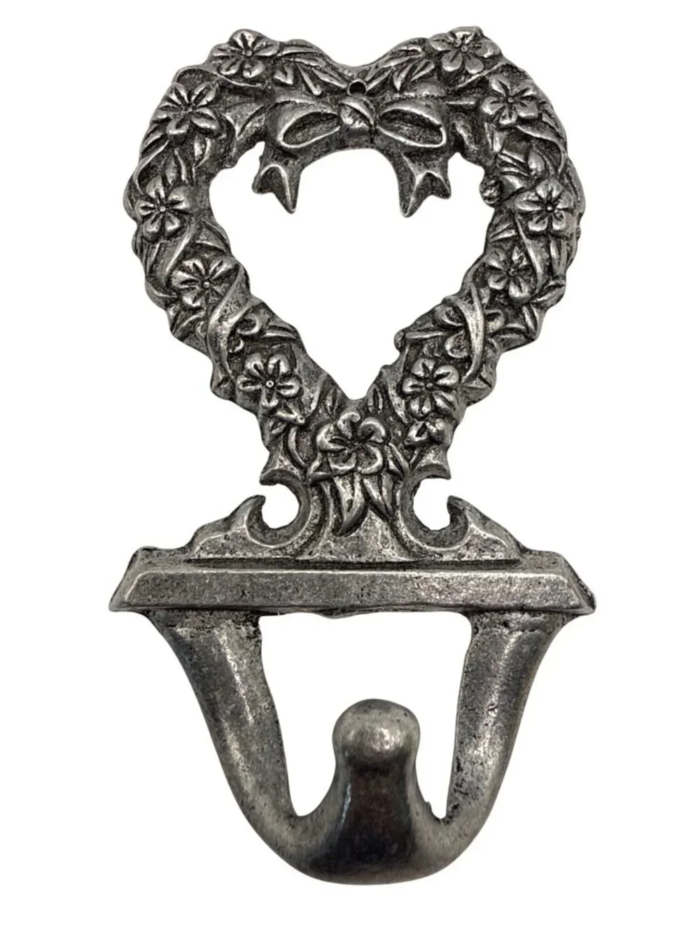 Heart Shaped Wall Hook Floral Wreath Bow Aged Silver Tone Metal Cottagecore